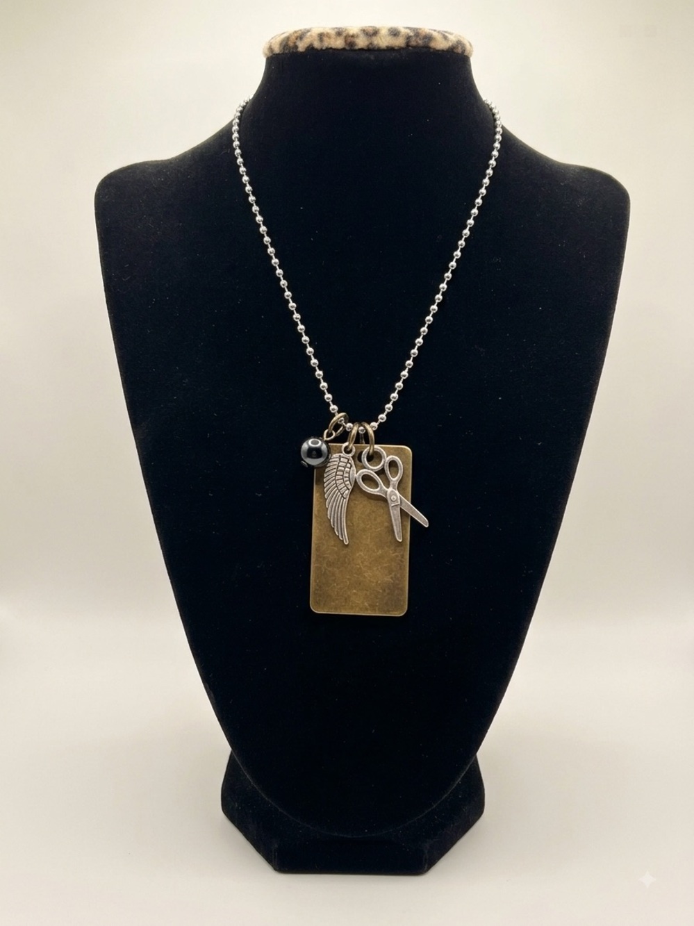 Charming Charlie Bronze Tag Necklace with Silver Wing & Scissor Charms